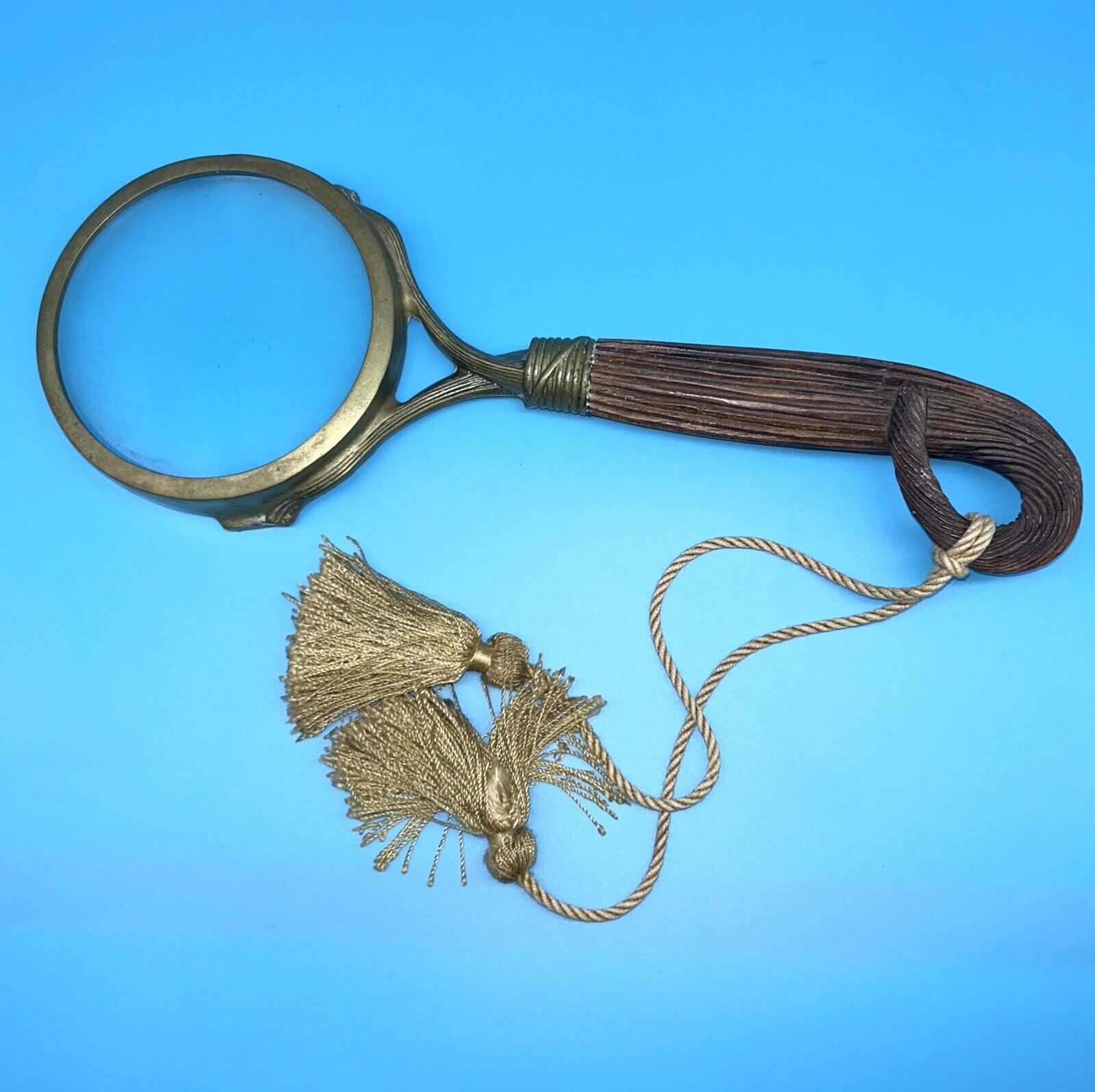 Rare Antique Brass Magnifying Glass/Carved Abisa Wood Handle.Early 1900\'s,V.G.C
