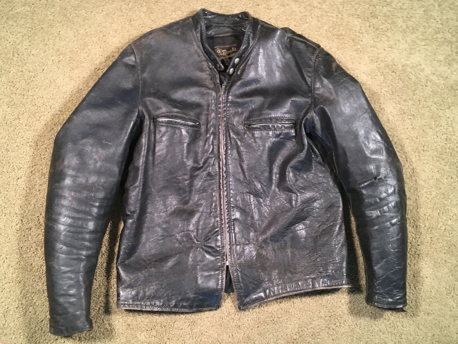 VTG BROOKS DETROIT Gold Label Cafe Racer Motorcycle BLACK Leather Jacket 44 M 