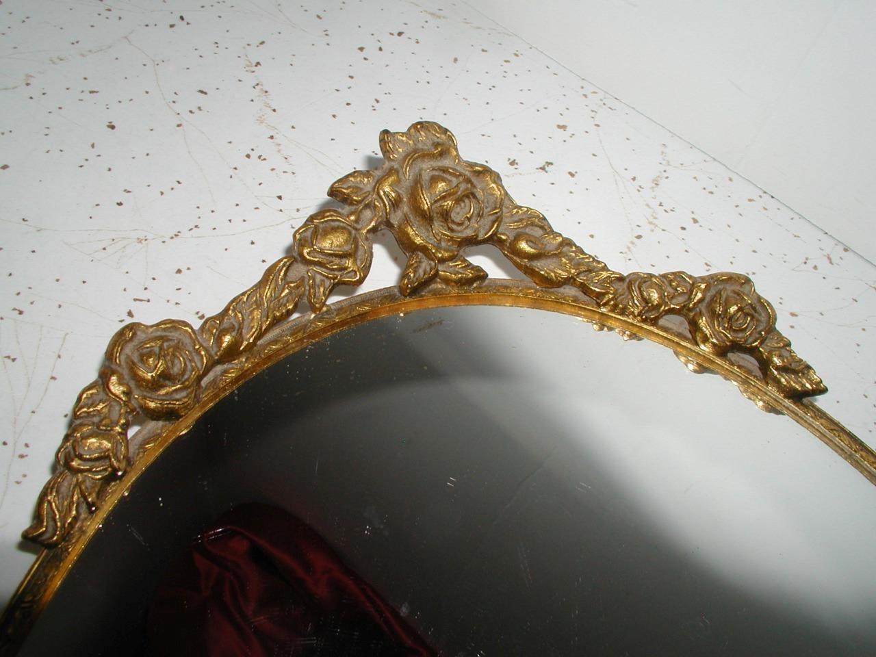 Vintage MATSON Gold Ormolu Vanity Mirror Oval Tray Rose Handle Hollywood regency