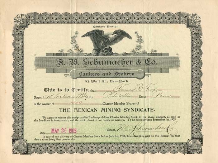 F.W. Schumacher and Co. Bankers and Brokers - Stock Certificate - Mexican Stocks