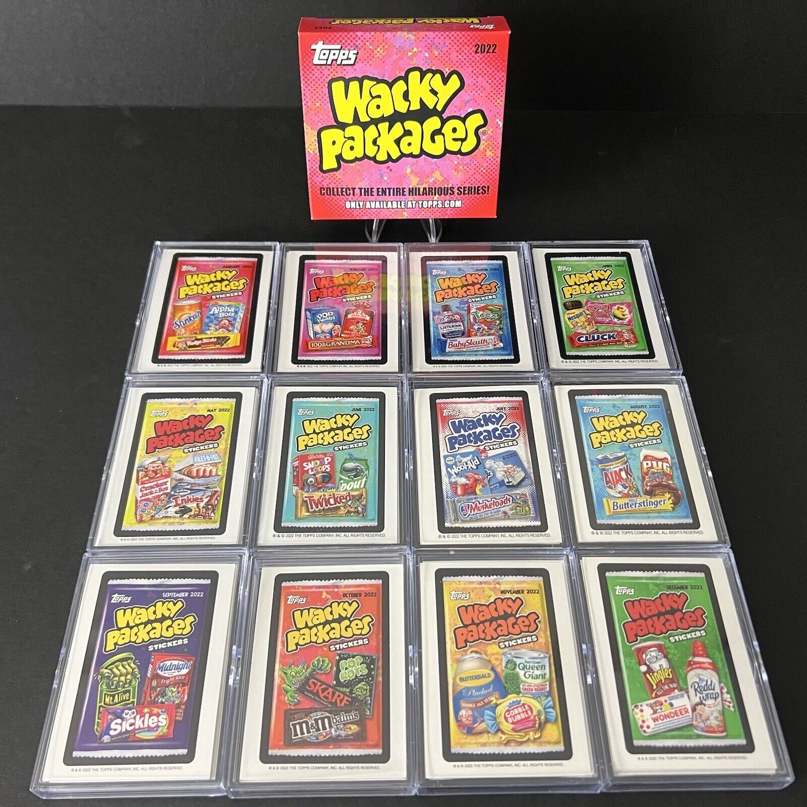 TOPPS WACKY PACKAGES 2022 COMPLETE YEAR 12 MONTHLY ONLINE SETS 252 STICKER CARDS