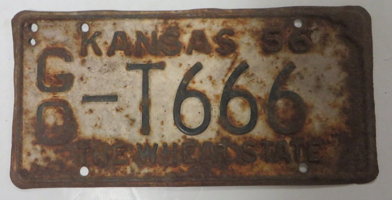 Vtg 1956 KANSAS License Plate Tag #T666 Collector Man Cave Garage GOVE COUNTY