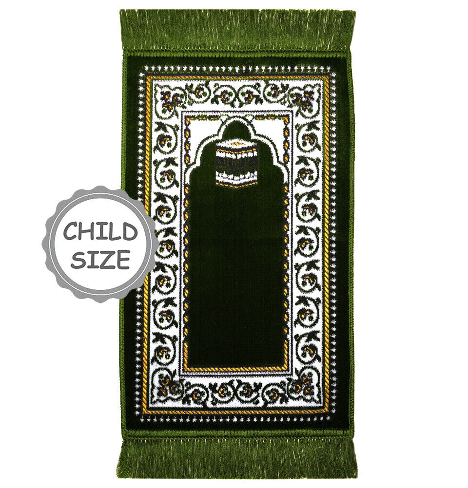 Modefa Turkish Islamic Child Velvet Prayer Rug Toddler Green with Kaba