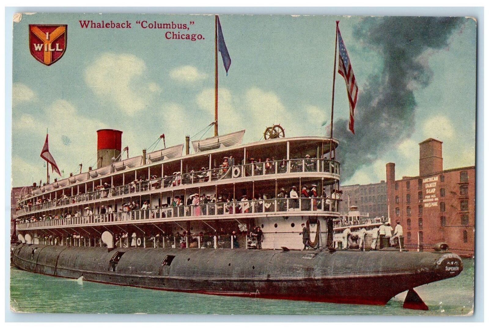 c1910\'s Whale Back Columbus Passenger US Flag Ferry Chicago Illinois IL Postcard