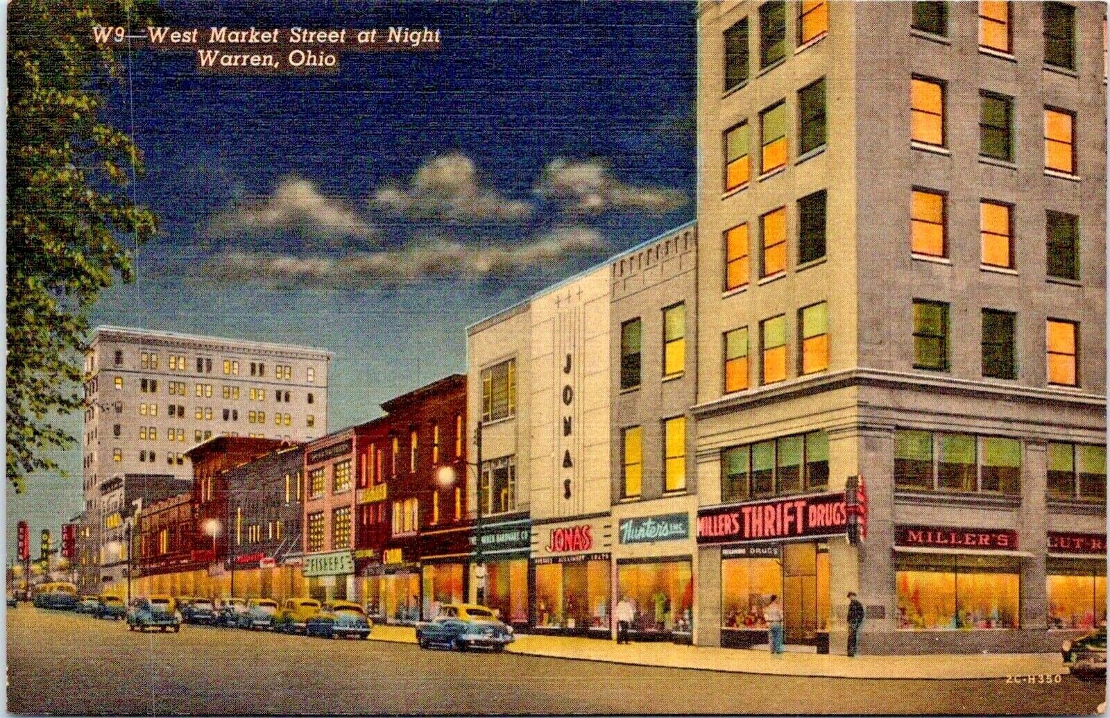 Postcard 1940\'s WARREN, OHIO West Market Street, Night Scene, Store Fronts, Cars