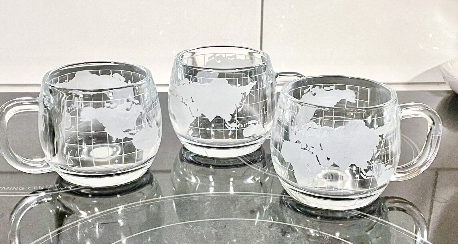 Vintage 70’s Nestle Nescafe World Globe Frosted Glass Coffee Mugs Cups Set of 3
