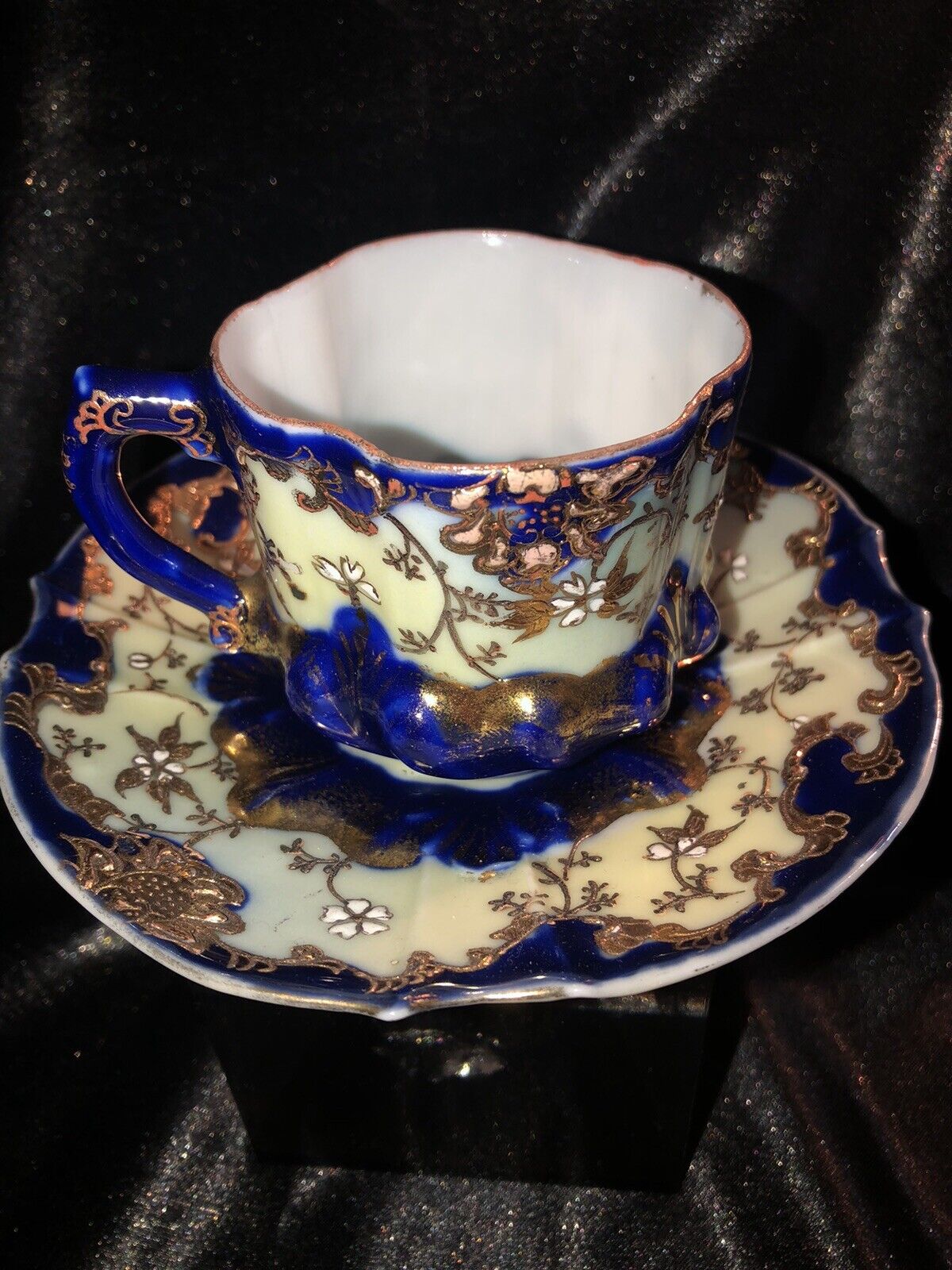Louis XV Style Cobalt Blue & Raised Gold Gilt Teacup & Saucer