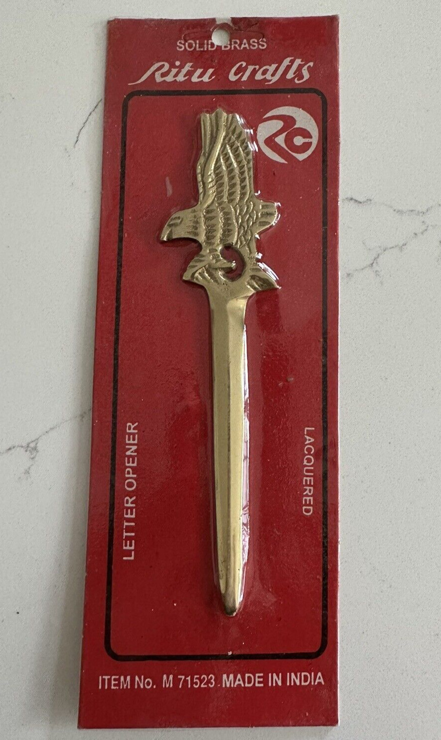 Vintage Heavy Solid Brass Eagle Letter Opener India Antique Lacquered NEW