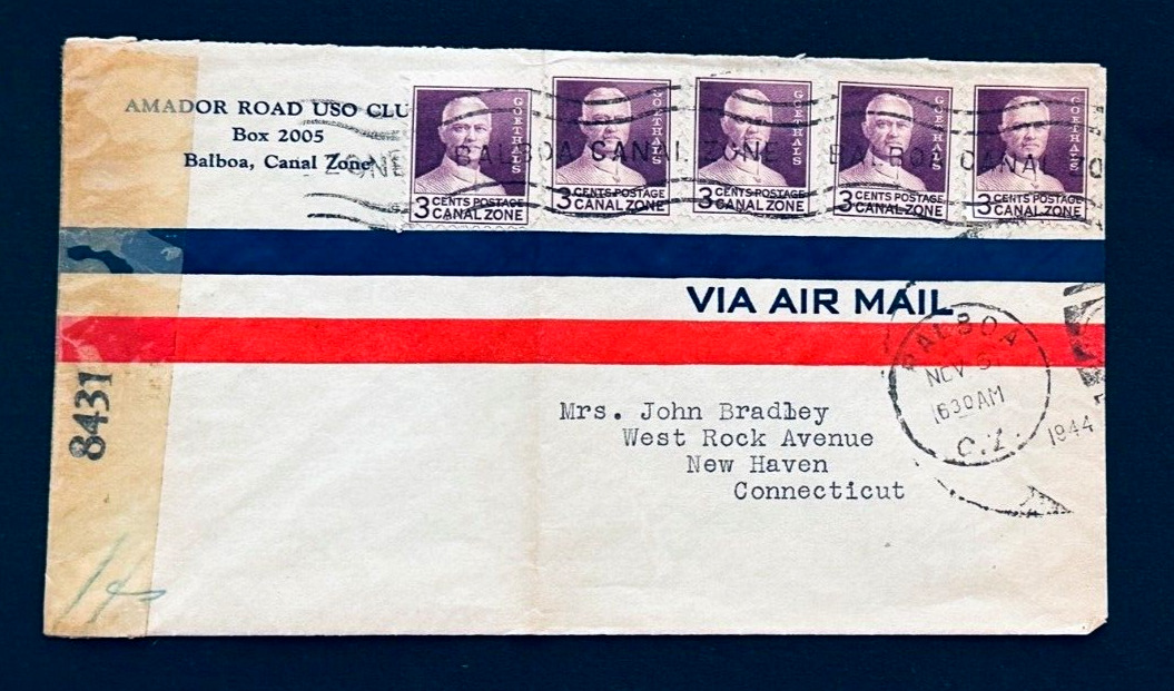 1944 WWII Military Air Mail Canal Zone Stamp Cover Envelope Amador Road USO - CT