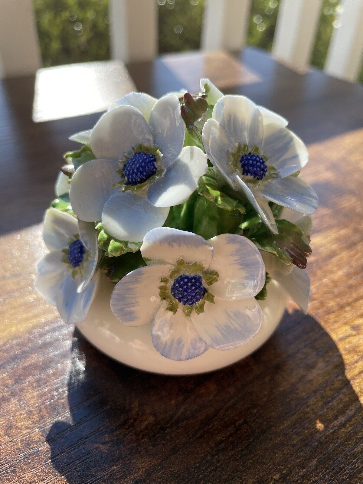 Vintage Mini Flower Capodimonte Bone China Blue Pansies Floral Bouquet