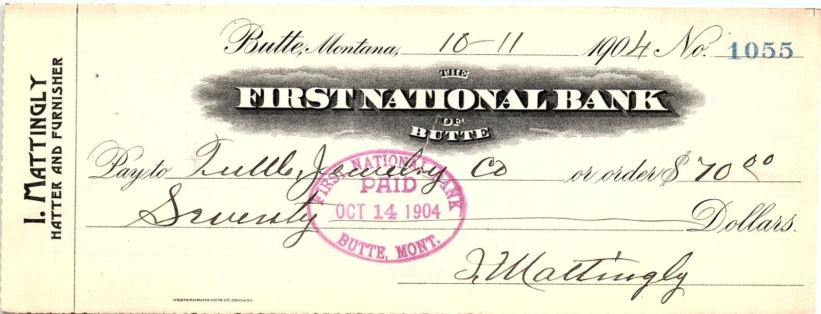 1904 BUTTE MONTANA I. MATTINGLY HATTER AND FURNISHER FIRST NATIONAL CHECK Z1601