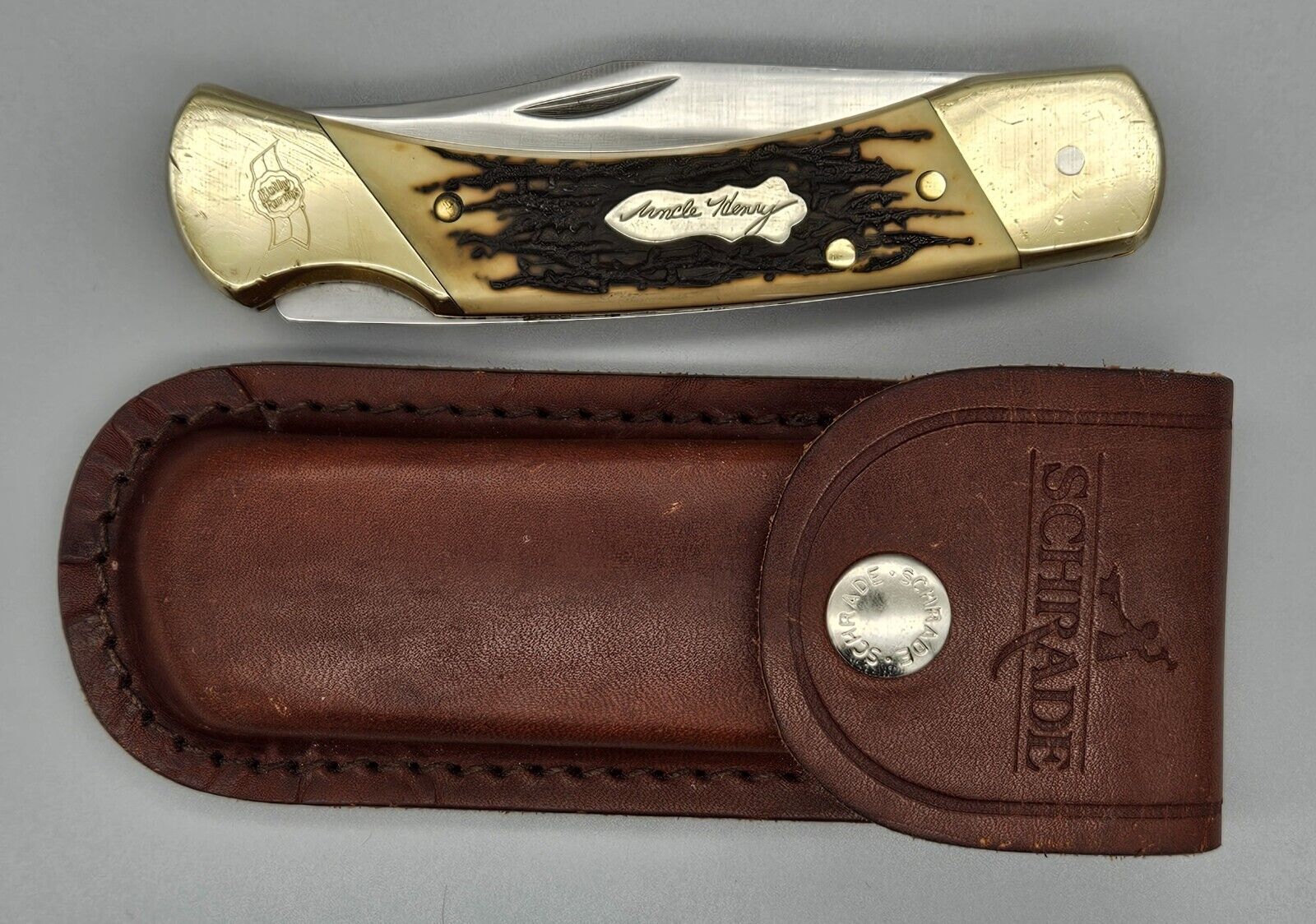 Vintage Schrade+ Uncle Henry LB8 Folding Pocket Knife w Leather Sheath USA
