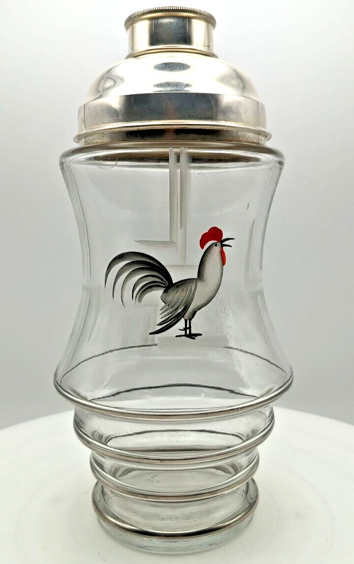 SILVER PLATED ART DECO COCKTAIL SHAKER 26 fl oz GLASS PAINTED COCKEREL c1930 vg
