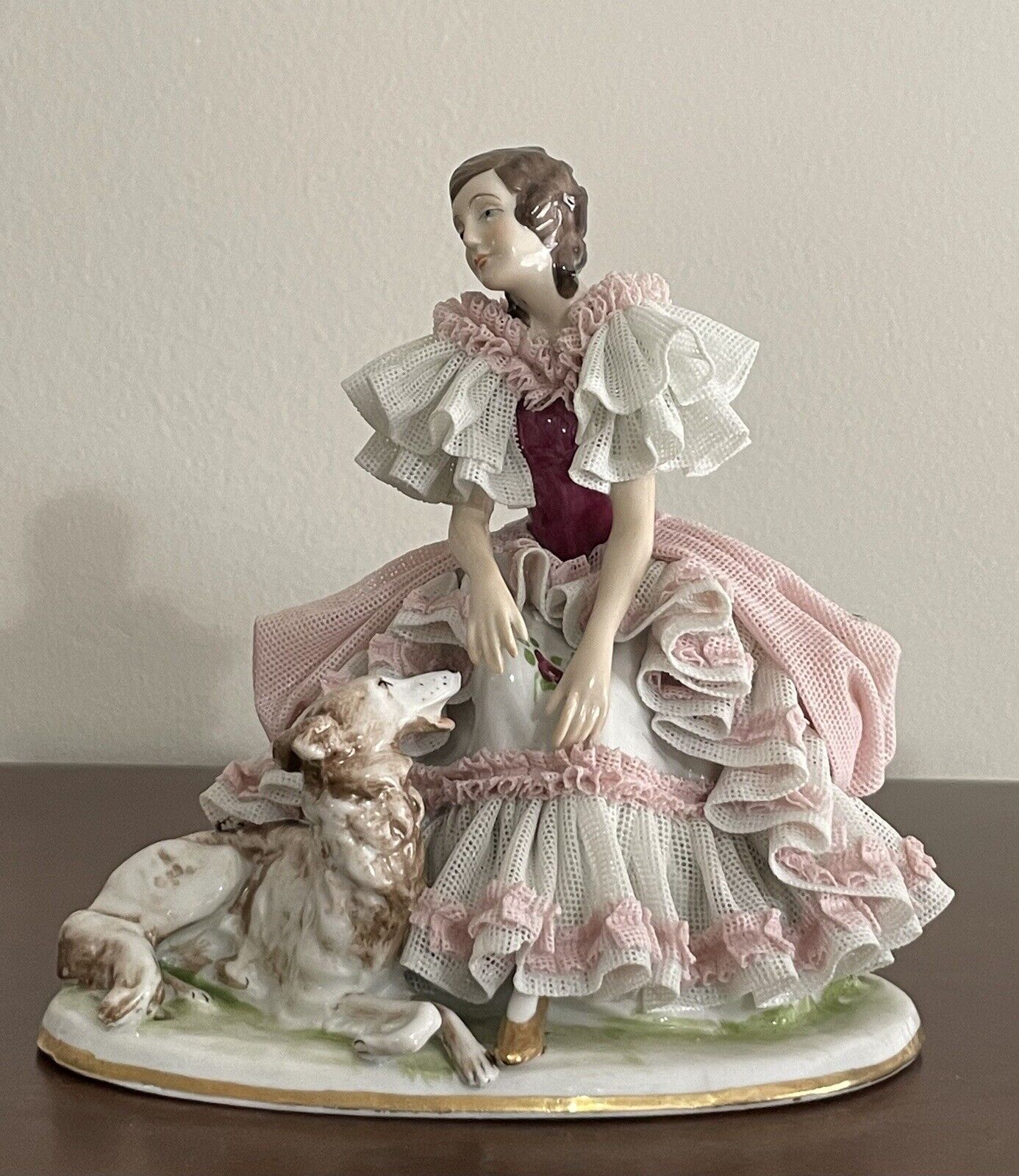 Dresden Lace Figurine - Lady with Borzoi Dog - German Porcelain