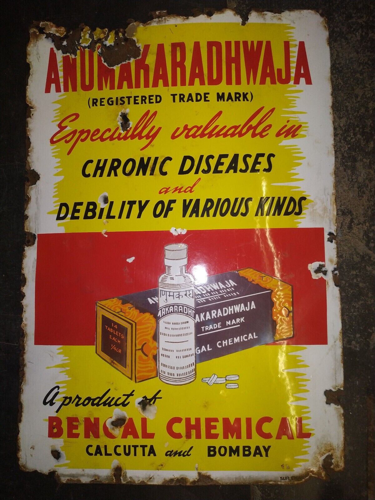 VINTAGE ENAMEL SIGN ANUMAKARADHWAJA PHARMA CHRONIC DISEASES BENGAL CHEMICAL RARE