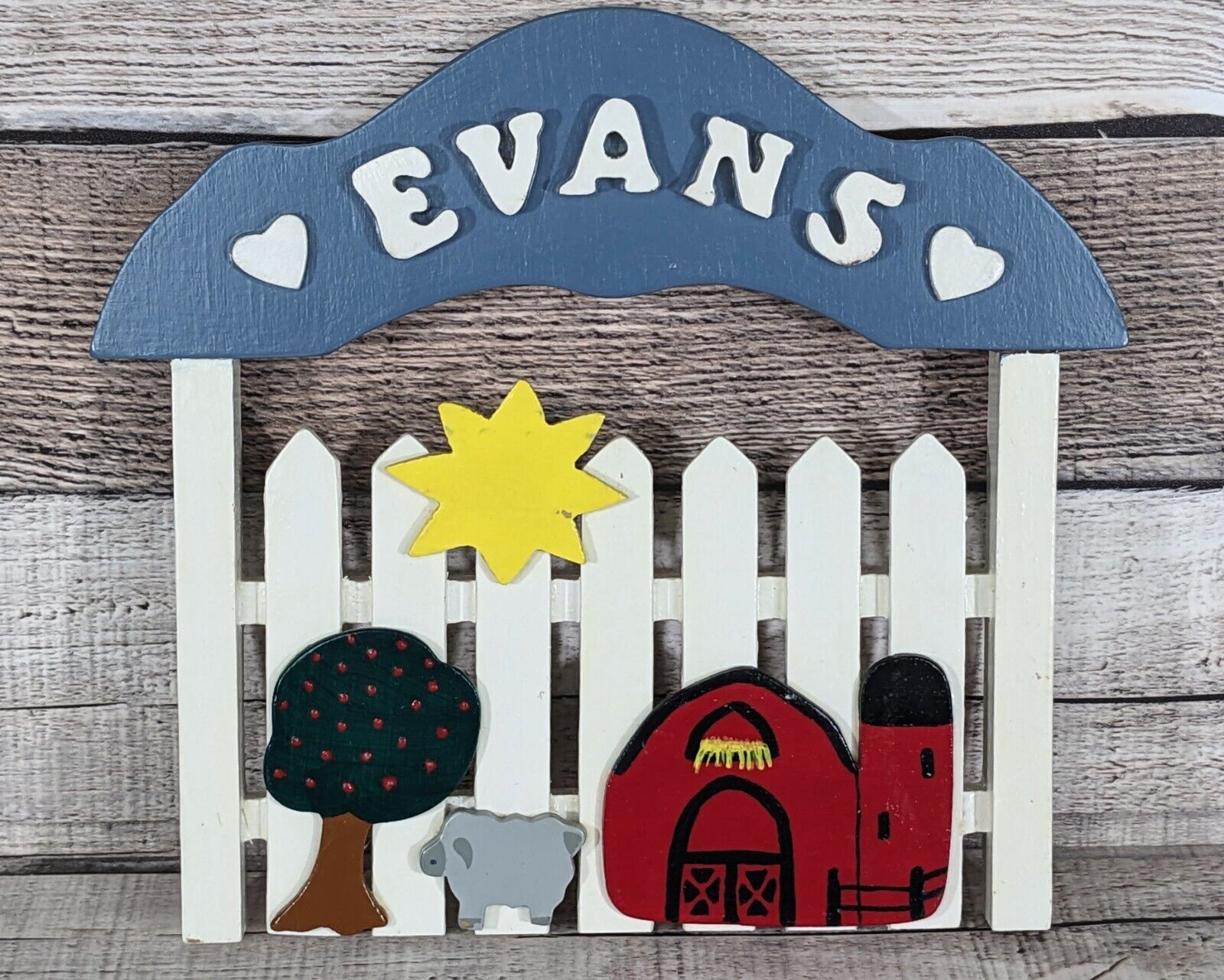 Cute Vintage Handmade EVANS Picket Fence Wall Hanging Housewarming Signed 1987