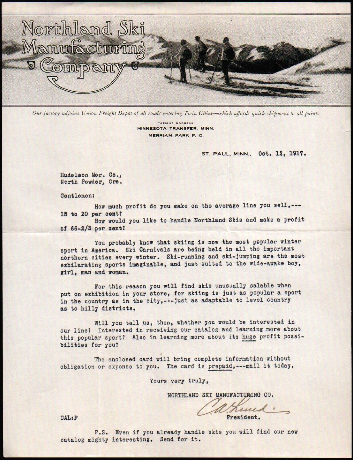 1917 St Paul Mn - Northland Ski Manufacturing Co - Rare Letter Head Bill