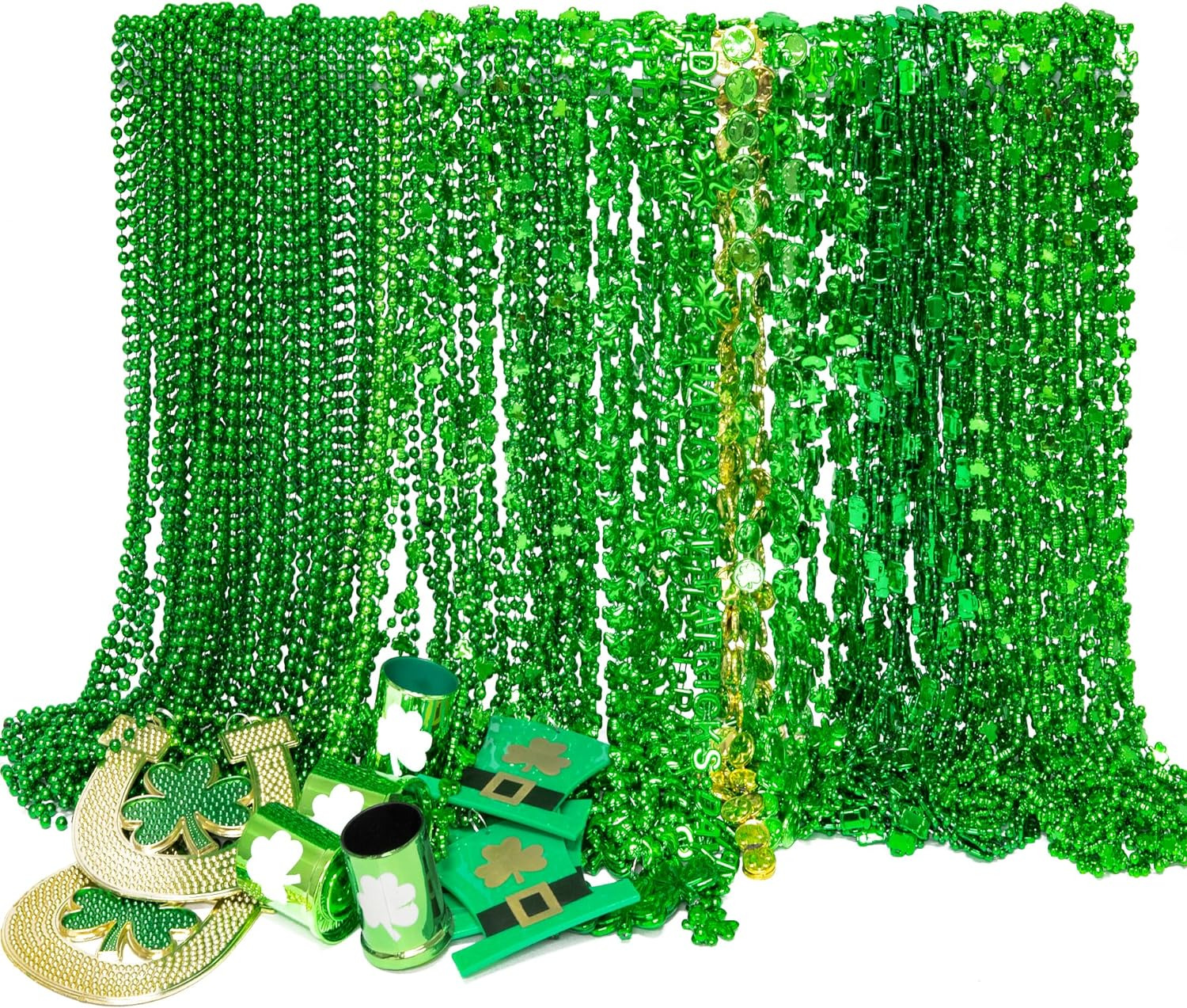 120PCS St Patricks Day Beads Necklace, Green 10 Kinds of St Patricks Beads, Meta