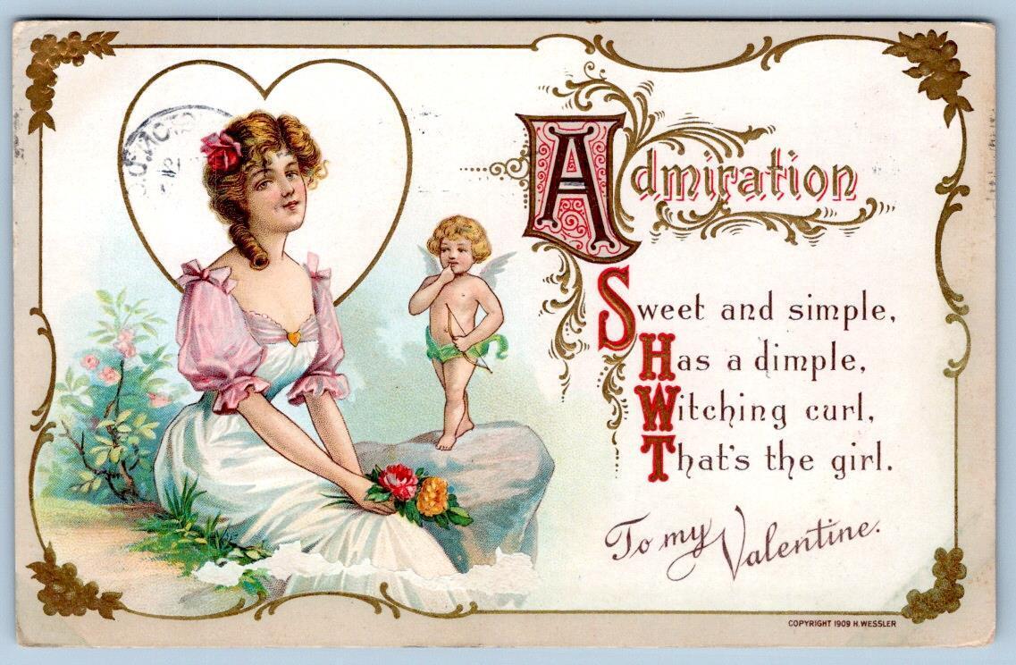 1909 TO MY VALENTINE CHERUB ANGEL ADMIRATION H WESSLER EMBOSSED ANTIQUE POSTCARD