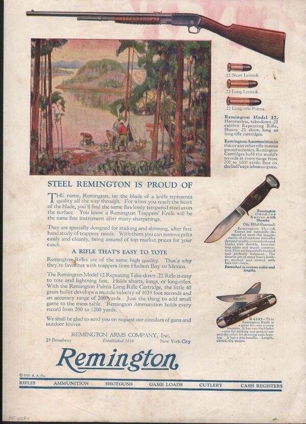 1926 REMINGTON 22 HUNT KNIFE CAMP SPORT GUN CANOE CAMP FISH KNIVE AD HF-0084