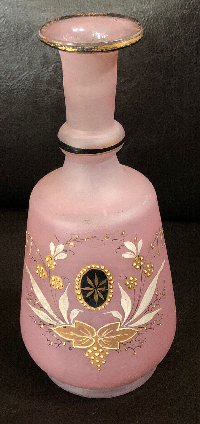 Antique 1880’s Pink Hand Blown Glass Floral Barbershop Bottle Pontil Marked Rare