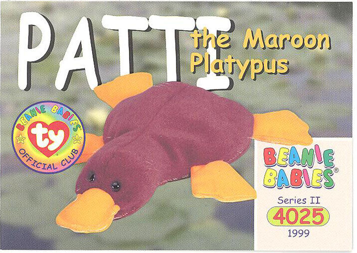 TY Beanie Babies BBOC Card - Series 2 Common - PATTI the Maroon Platypus - NM/M