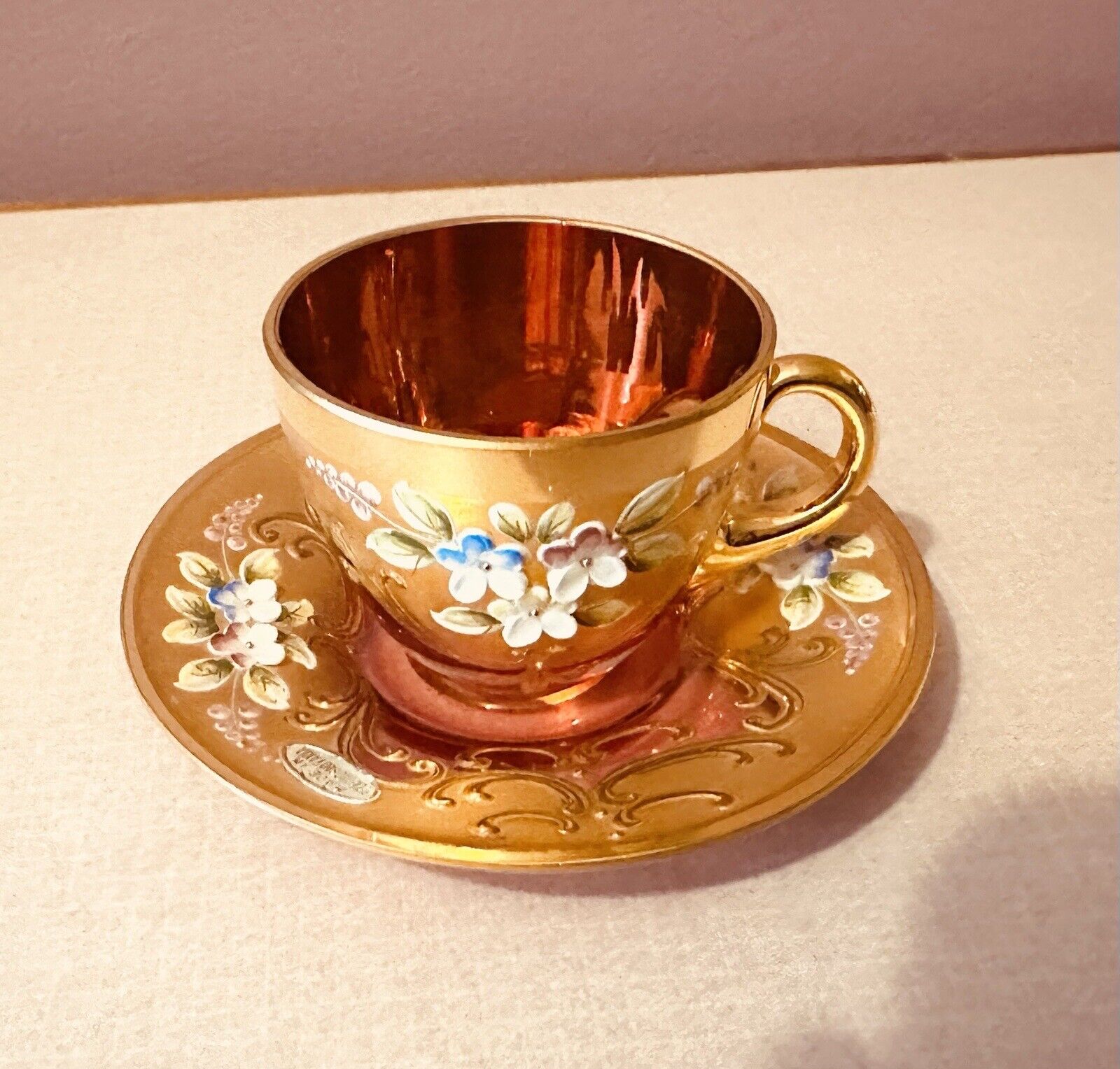 Bohemian Czech Republic Cup & Saucer 24k Gold Gilded Enamel Floral Red Glass