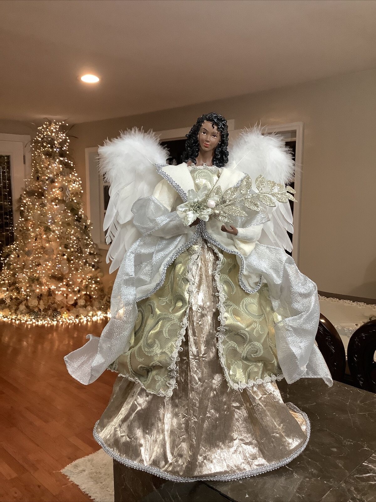 African American Beautiful Black Angel Christmas Tree Topper/Decor 18”Gold/White