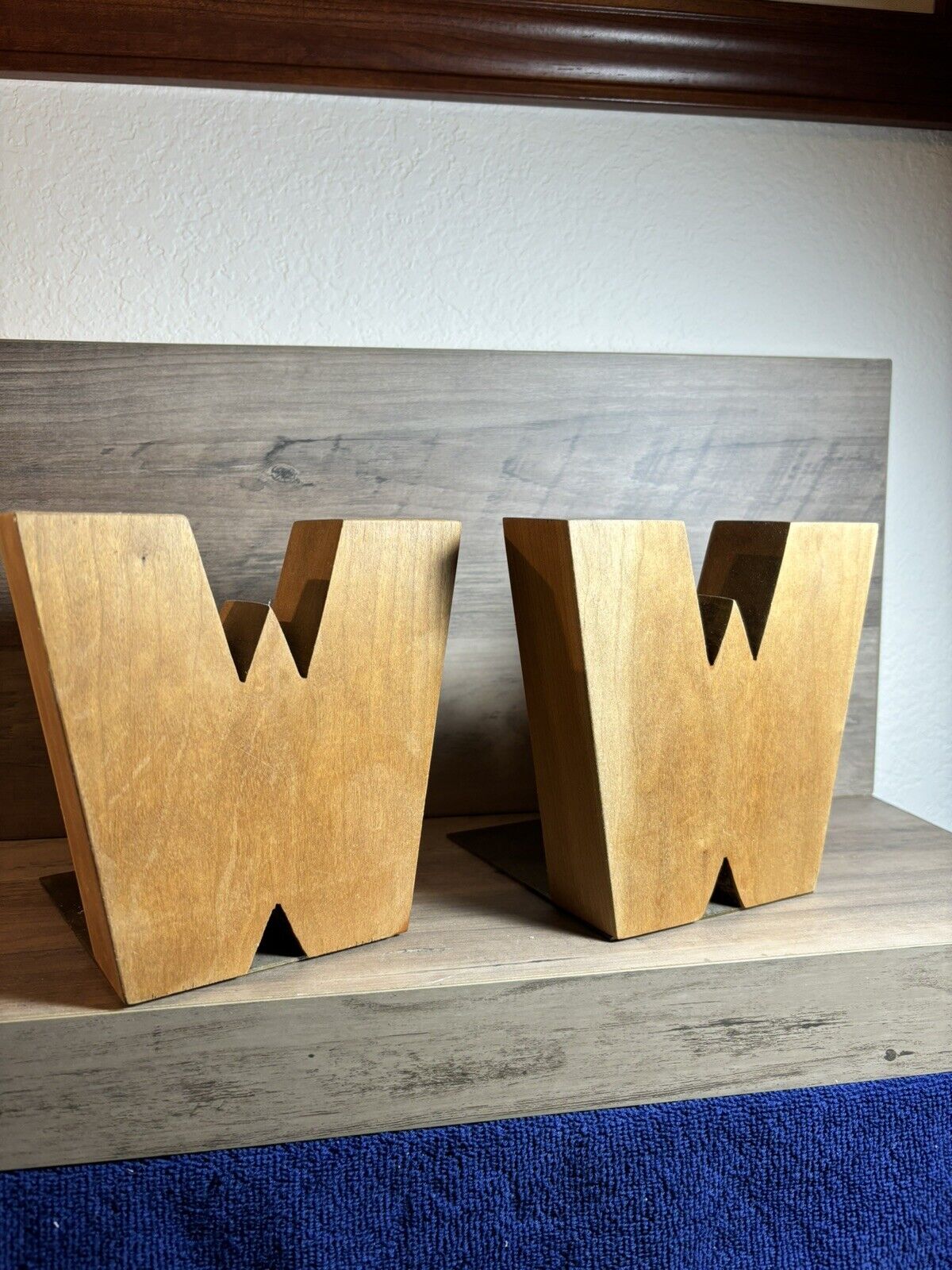 Vintage Letter W Bookends Wood Metal Plate