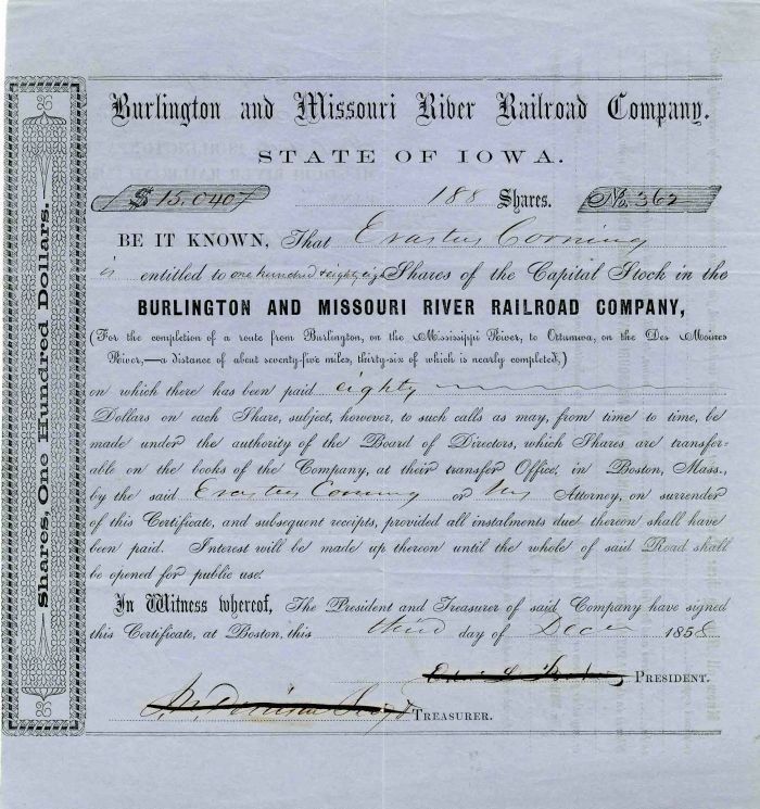 Burlington and Missouri River Railroad Co. Issued to Erastus Corning - Stock Cer