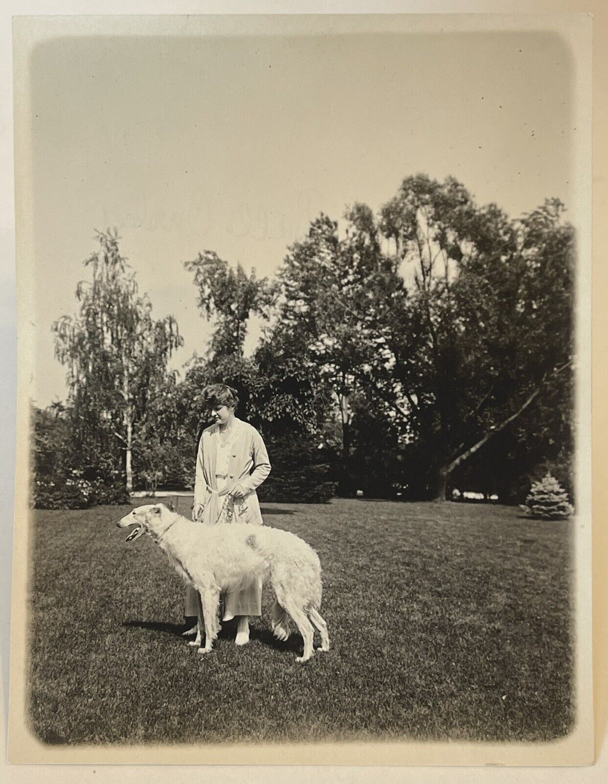 Vintage Photograph Black White Snapshot Woman Playing With White Dog Identified