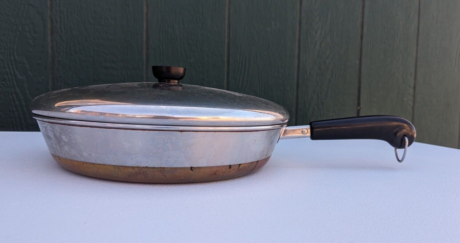 Vintage Revere Ware 1801 Made In USA Copper Clad Bottom 12 Inch Skillet With Lid