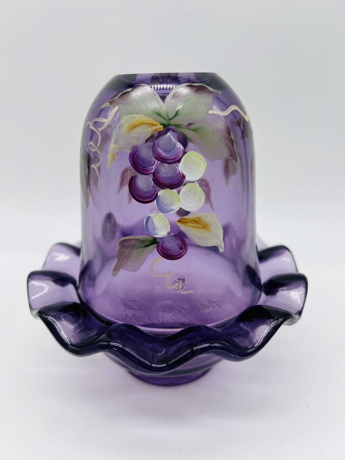 Vintage Fenton Art Fairy Lamp Purple Amethyst Grapes Leaves Hand Painted Signed