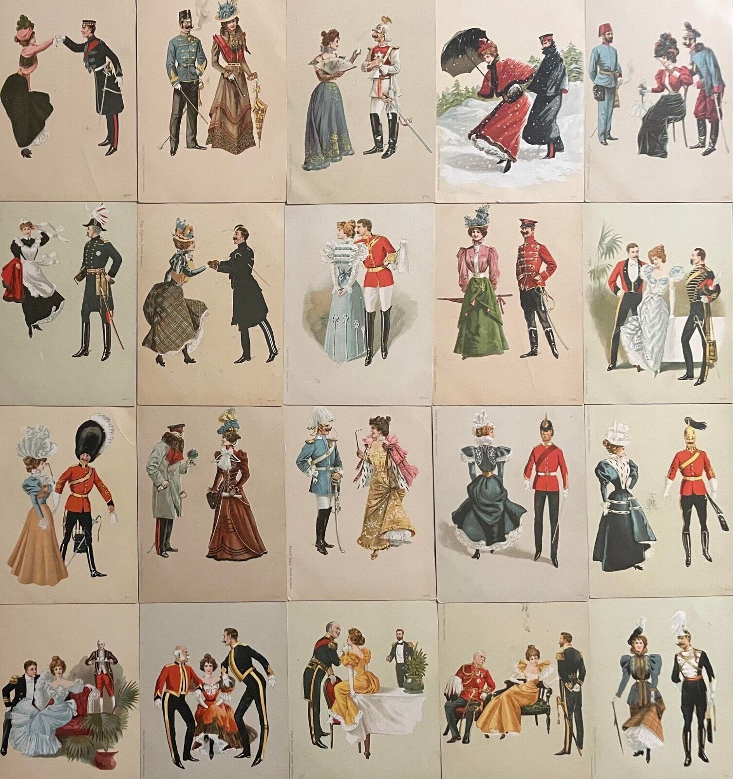 Drawn women and military gentlemen couples Edgar Schmidt 1900 chromos postcards
