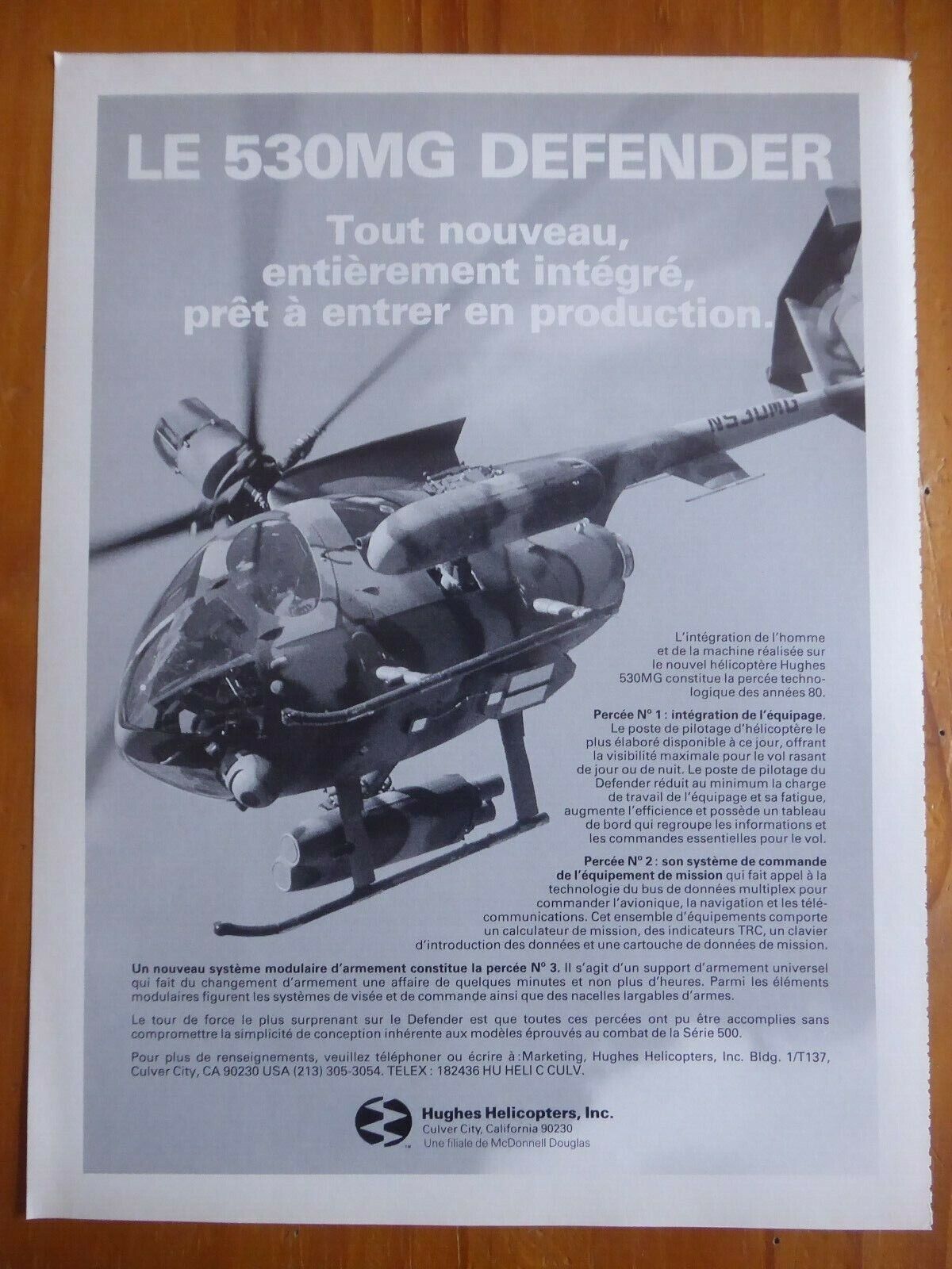 9/1984 PUB HUGHES 530MG DEFENDER MILITARY HELICOPTER HELICOPTER FRENCH AD