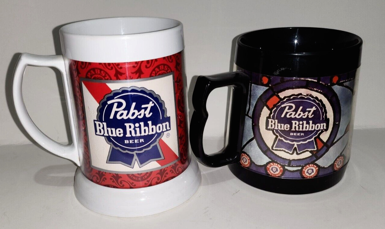 Vintage Pabst Blue Ribbon PBR Beer Thermo Serv Dawn  Mug Cup Bar set of 2