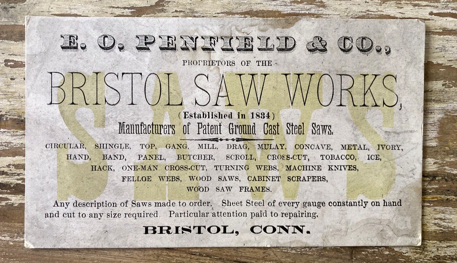 Antique ephemera paper business trade card Bristol Saw Works CT late 1800's