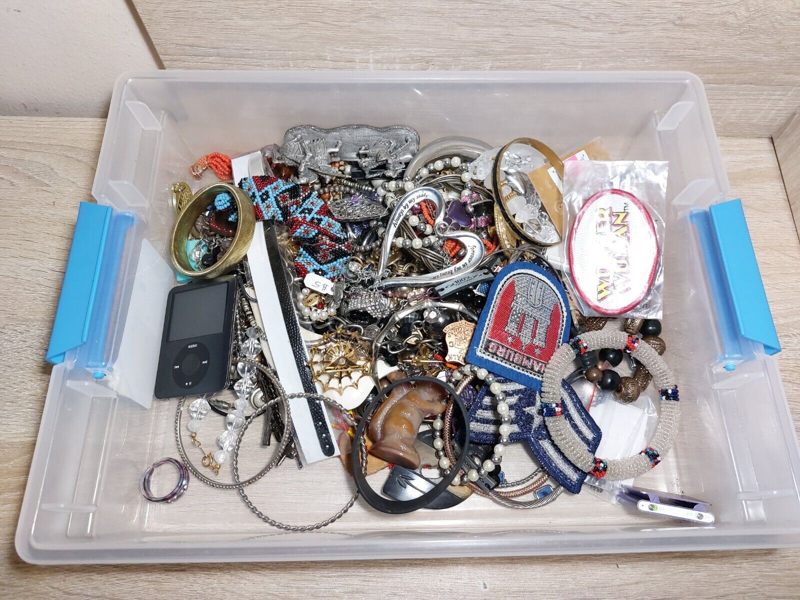 Estate Junk Drawer Lot Vintage To New Jewelry, Patches, Pewter, Ipod