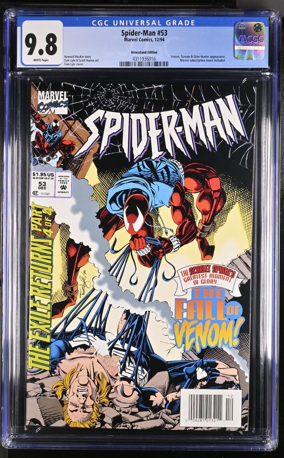 Spider-Man #53 Newsstand CGC 9.8 NM/M Venom Scream Grim Hunter App. Tom Lyle Art