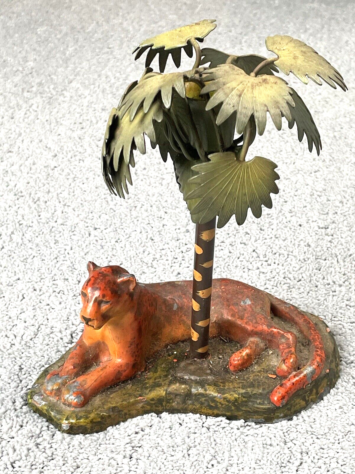 Rare Vintage painted cast lioness and palm tree candlestick holder