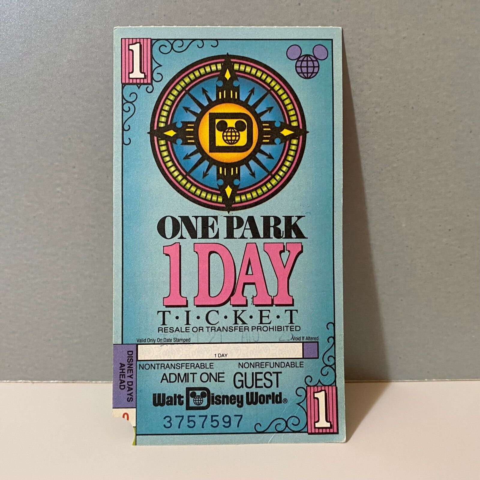 Vintage Walt Disney World Florida Admit One Guest One Park 1 Day Ticket Pass