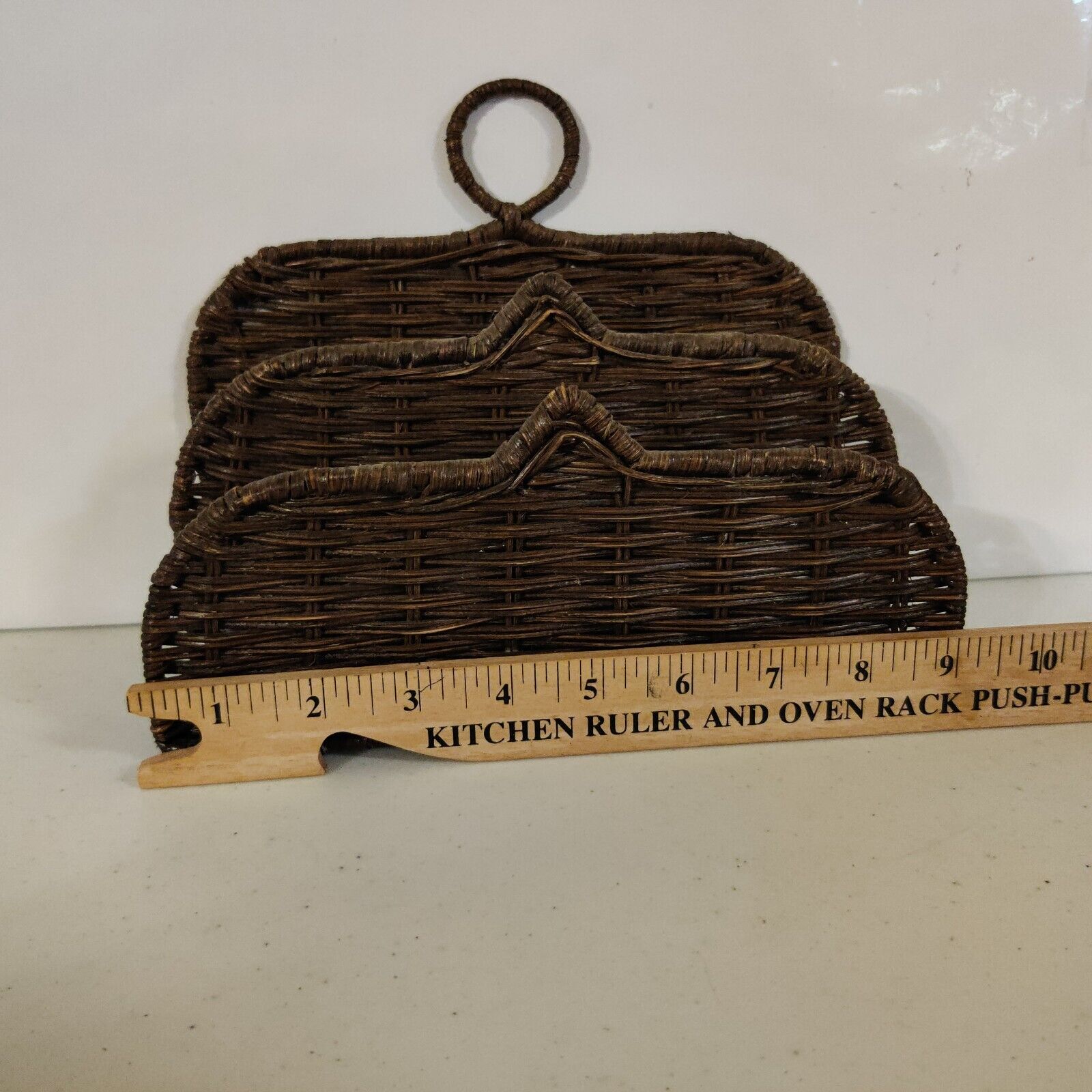 Vintage Handmade Wicker Rattan Woven Brown Letter Rack Paper Holder Keeper Offic
