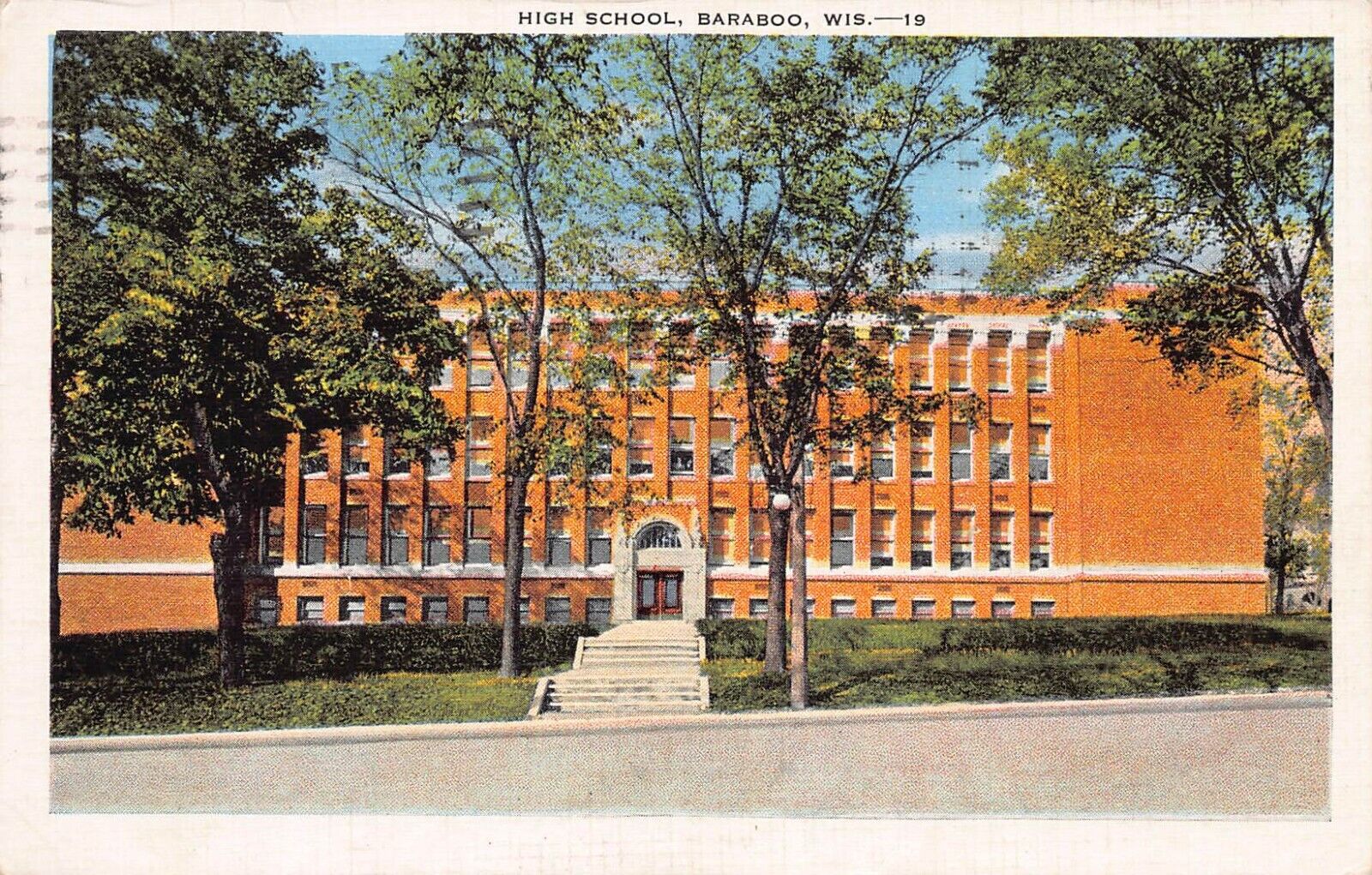 High School, Baraboo, Wisconsin, early postcard, used in 1940
