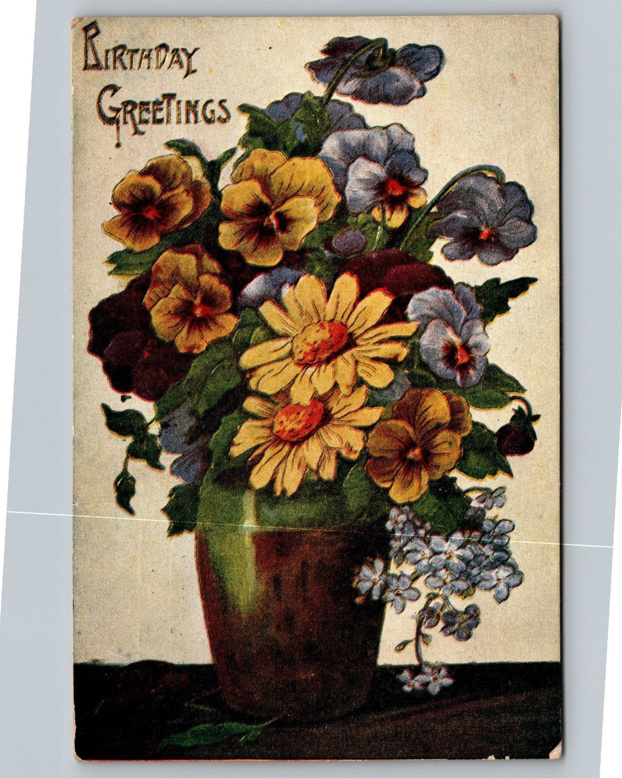 Postcard Birthday Greetings With Yellow Purple Flowers In A Vase VTG c1910  H18