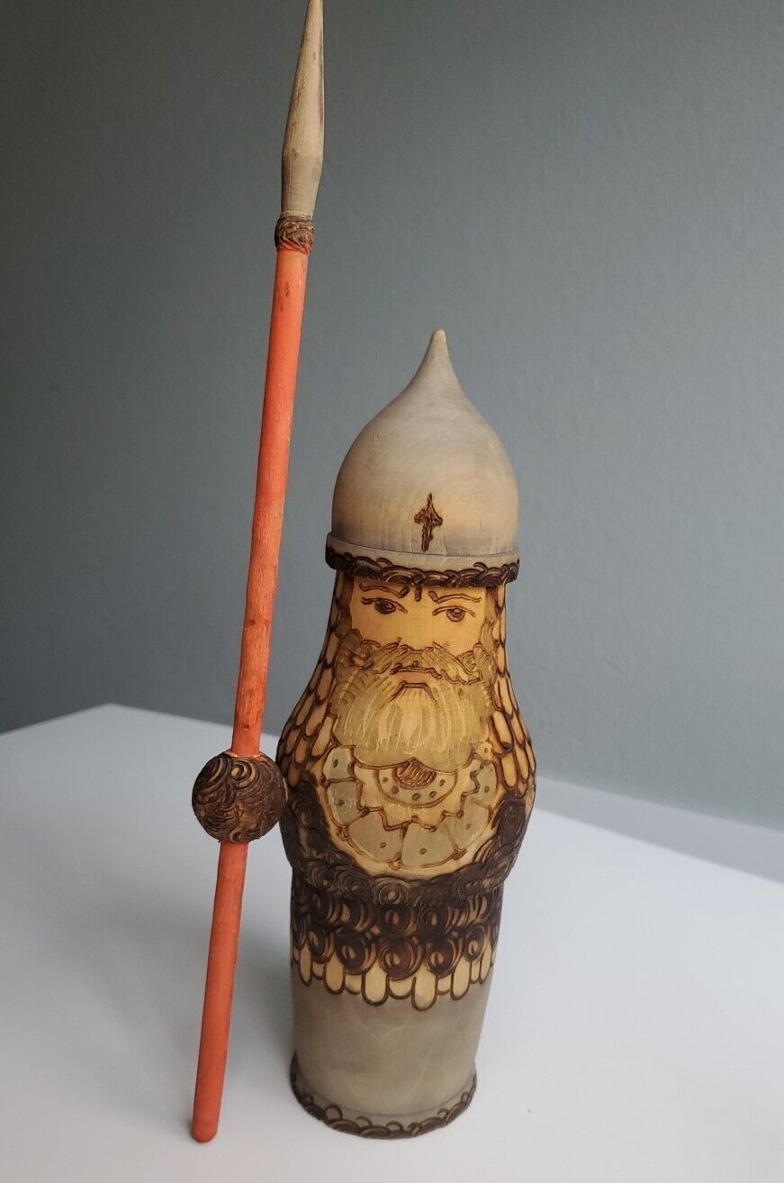 Carved Wood Russian hunter warrior figure with spear - painted folk art statue