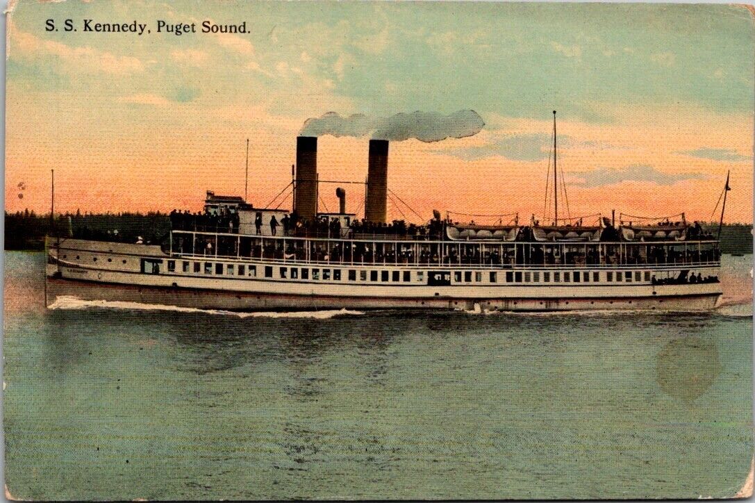 Seattle WA Washington SS Kennedy Steamer on Puget Sound Harbor Vintage Postcard