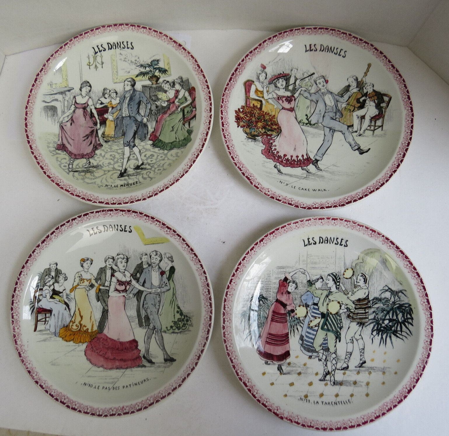 French Antique Ceramic Talking Plate Montereau Les Danses #1 #9 #10 #11 Patineur