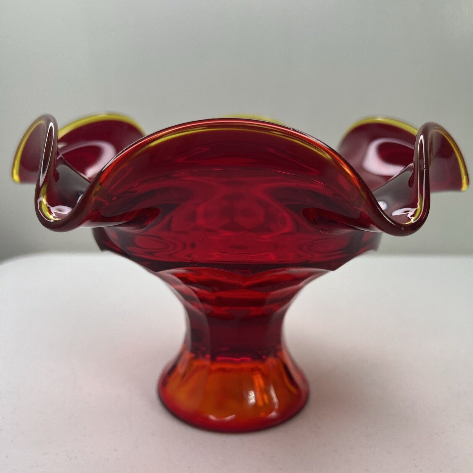 Vintage Mid Century Red Viking Glass Amberina Georgian Bowl Compote Vase