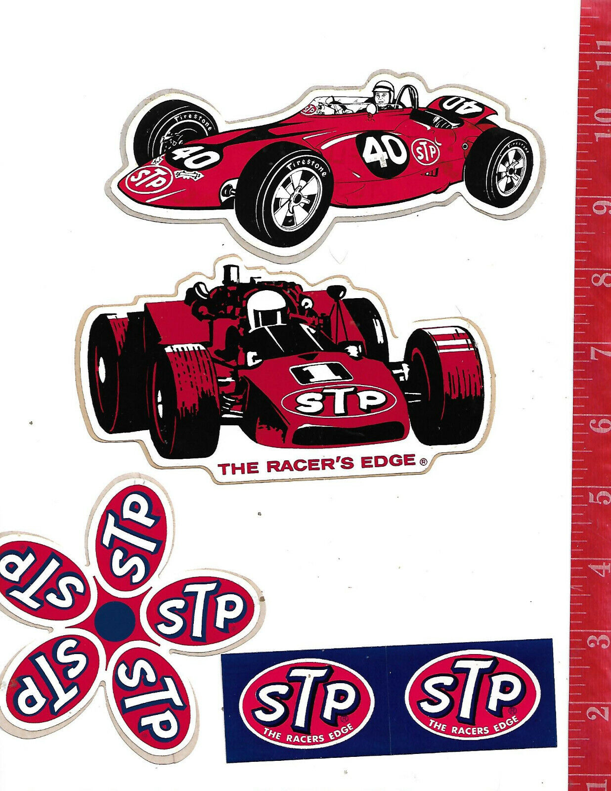 Vintage lot 5 old STP stickers Jones, Flower, Andretti, 2 small STP 