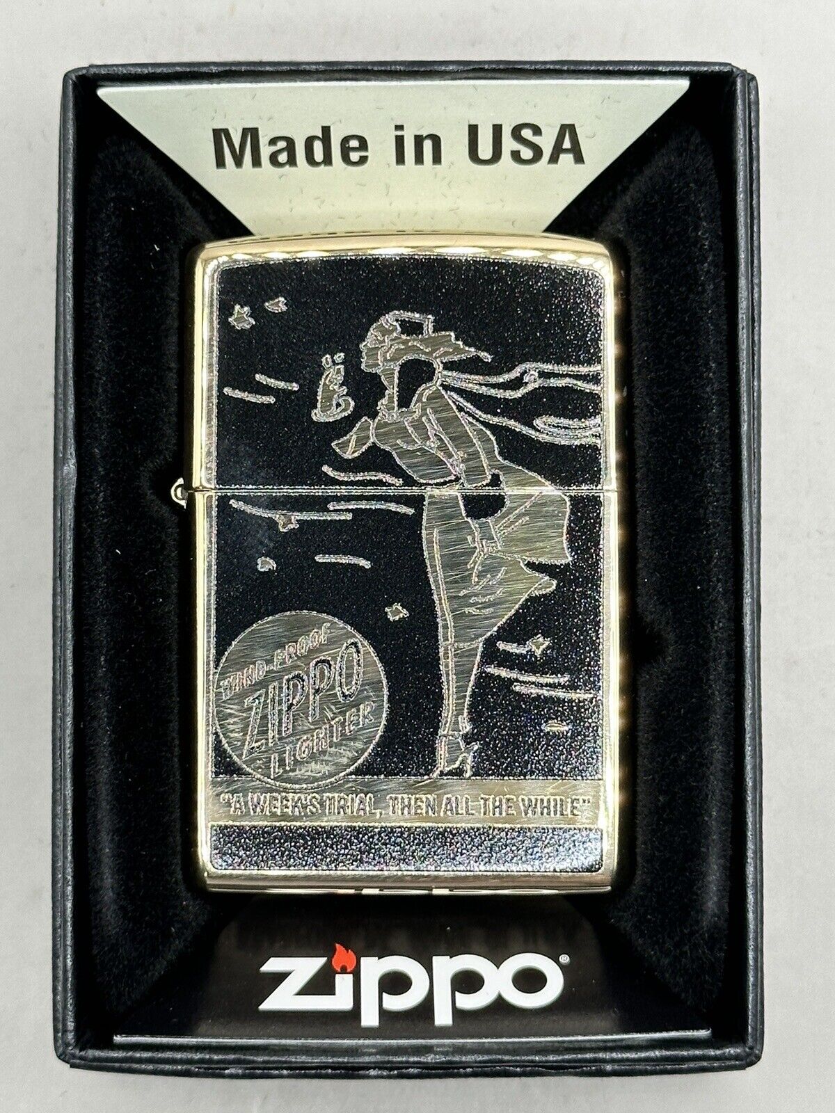 Rare Iconic Zippo Windy Girl High Polish Brass/Black Zippo Lighter NEW